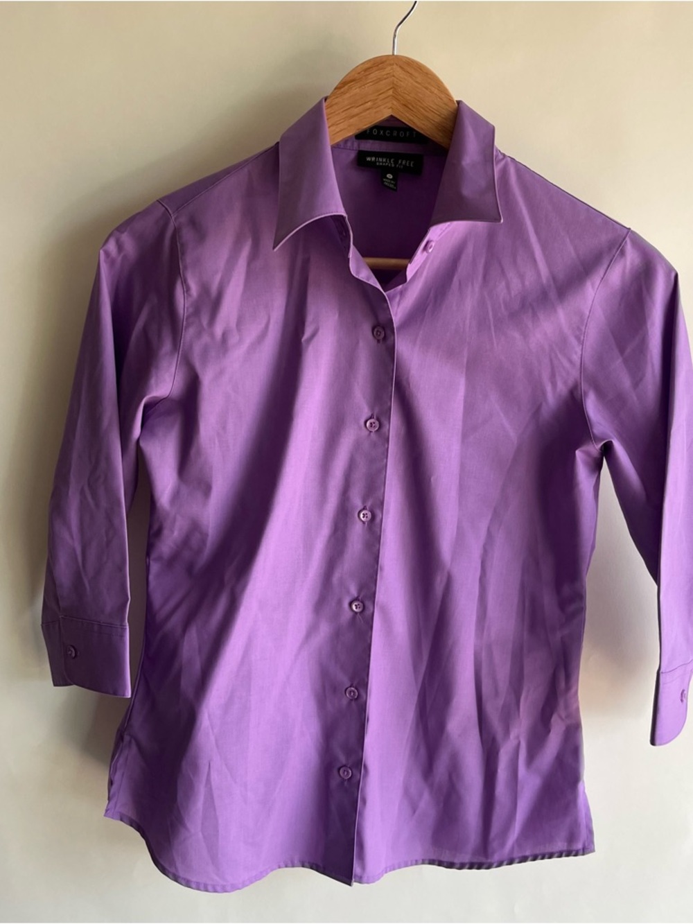 Foxcroft 3/4 Sleev Wrinkle Free Shaped Fit Button Up Shirt Purple Sz 2P Petite